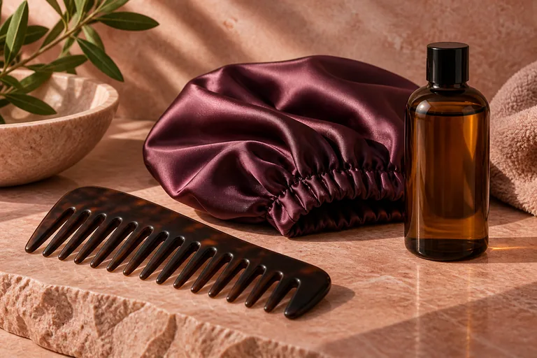 A wide-toothed comb, plum satin bonnet and amber bottle.